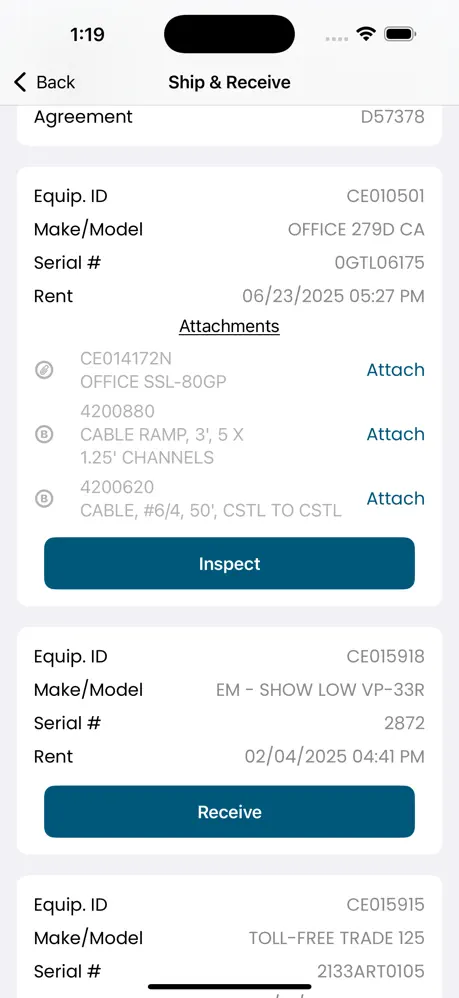 Screenshot of a Ship & Receive equipment tracking screen
